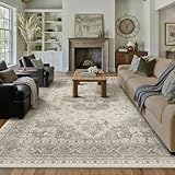 PureCozy 8x10 Washable Area Rug Beige Grey Vintage Distressed Large Rug for Living Room Oriental Soft Thin Indoor Retro Gray Carpet Non Slip Low Pile Floor Cover Bedroom Dining Room Office Nursery
