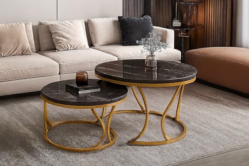 Image of Round End Table Set of Two Coffee Tables with Engineered Wood Top and Metal Frame, Contemporary Accent Side Table for Office, Bedroom, or Living Room Golden Black