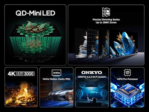 TCL 115C7K QLED Mini LED Fernseher, 115 Zoll, 4K HDR Premium, Dolby Vision IQ & Atmos, Smart TV mit Google TV, Onkyo 4.2 Sound, 144Hz VRR, AMD FreeSync Premium Pro, HDMI 2.1, AirPlay 2, Alexa