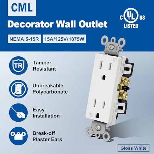Image of CML 15 Amp Decorator Tamper Resistant Wall Receptacle Outlet, 20 Pack | UL Listed Standard Electrical Outlets, 15A /125V, 2 Pole 3 Wire, for Home, Office & Commercial Use, White