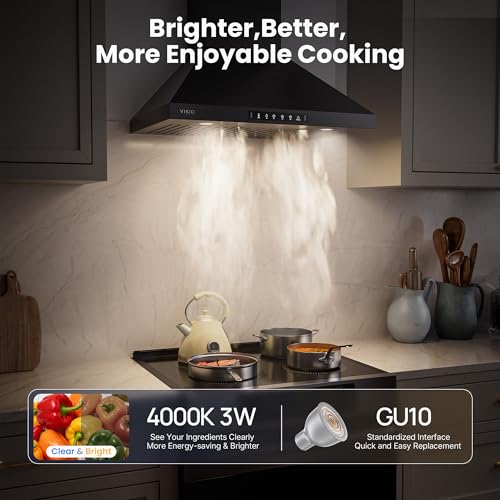 Image of VIKIO HOME Wall Mount 30 Inch Range Hood 900 CFM, Ductless /Ducted Convertible, 3-speed Gesture Sensing & Touch Control, Black Painted Stainless Steel Kitchen Vent Hood with Permanent Baffle Filters