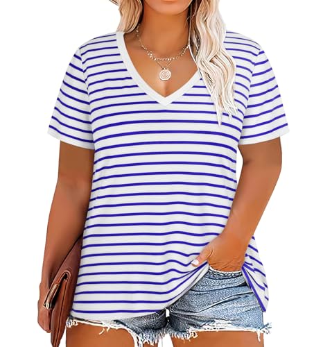 Image of RITERA Women Plus Size Tops Tie Dye V Neck Shirt Floral Camo Summer Short Sleeve Tunic Oversized Ladies Blouse XL-5XL