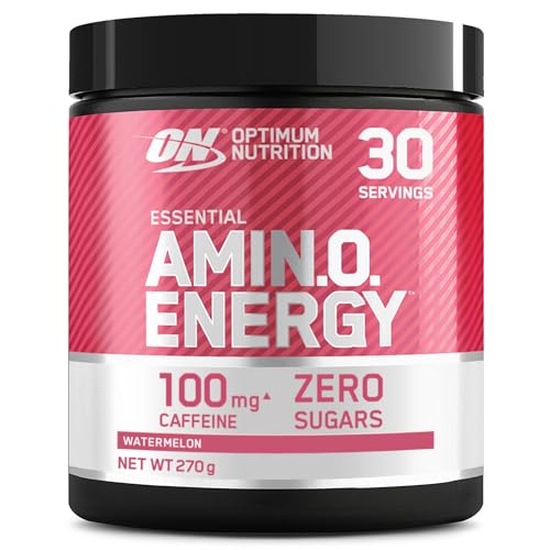Optimum Nutrition Amino Energy Polvo Pre Entrenamiento, Bebida Energética con Aminoácidos, BCAA, L-Glutamina y L-Leucina, Complemento con Vitamina C y Cafeína, Sabor a Sandía, 30 Porciones, 270 g