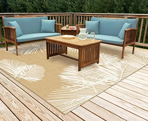 Liora Manne CARMEL Indoor/Outdoor Power Loomed Synthetic Blend Low Profile Area Rug - Transitional Tropical Botanical Leaf Decorative (Palm Sand) (7'10" Square)
