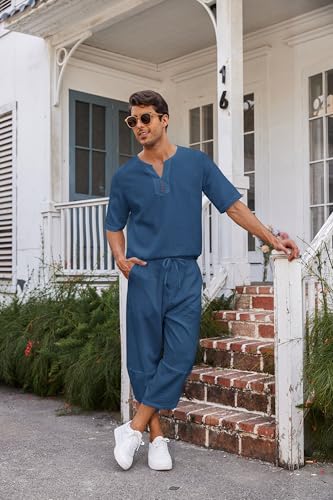 COOFANDY Men's 2 Pieces Linen Set Henley Shirt Short Sleeve and Harem Capri Pants Wide Leg Baggy Beach Yoga Trousers Outfits4