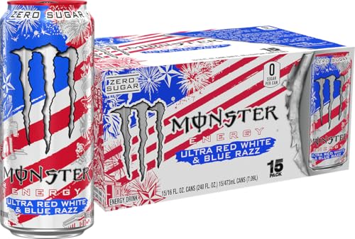 Monster Energy Ultra Red White & Blue Razz, Sugar Free Energy Drink, 16 Ounce (Pack of 15)