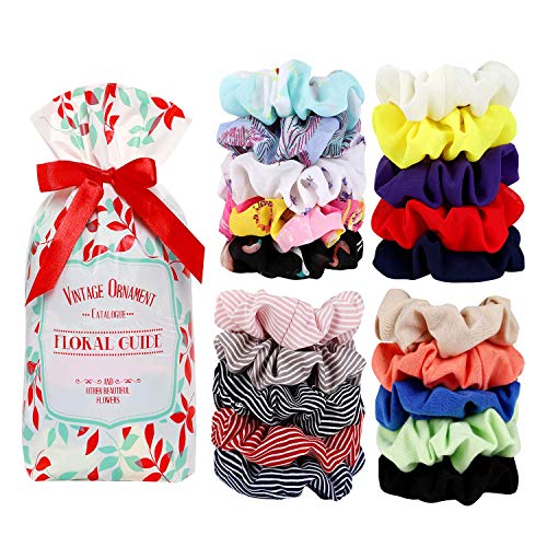 20 Pcs Scrunchies for Hair Elastic Hair Ties Hair Bands Scrunchy Hair Accessories for Girls or Women - 5 Solid Colored Chiffon,5 Flowered Chiffon, 5 Solid Colored Cotton, 5 Striped Pattern