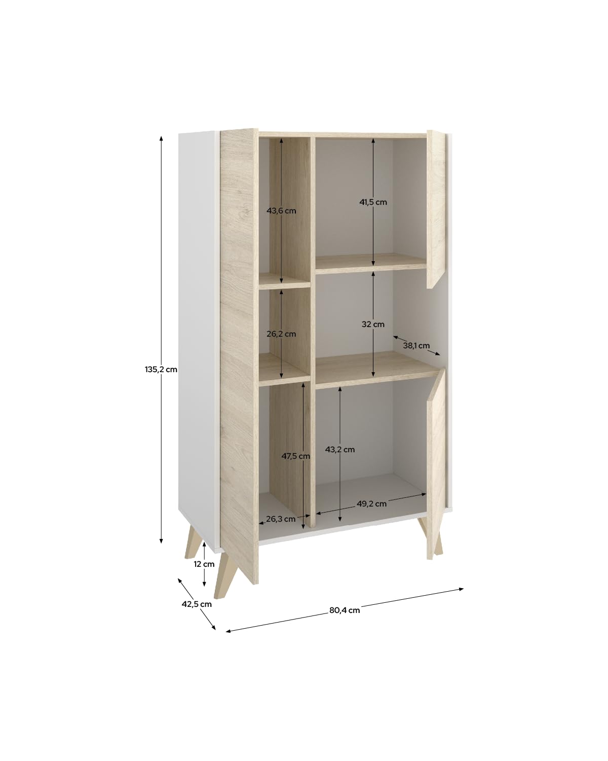 DEKIT GRUPO RIMOBEL NESS - APARADOR ALTO DE 3 PUERTAS Y 4 ESTANTES - 135X81X43 cm - BLANCO / NATURAL