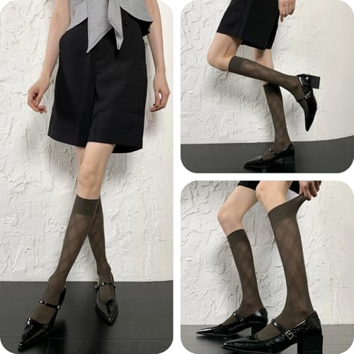 Women’s 3 Packs Semi Sheer Knee High Socks Diamond Jacquard Trouser Socks Over Calf Stockings Ultra Stretchable4