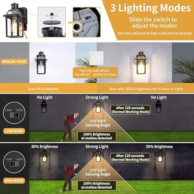 Porch Lights with GFCI Outlet, Dusk to Dawn Outdoor Lights with Outlet, 3 Lighting Modes Exterior Light Fixture Waterproof, Outside Lights for House Front Door Patio Garage