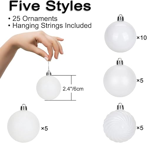 Miniatura 7 de Adornos de bolas de Navidad blancas de 2.36 pulgadas, 25 piezas inastillables, juego de adornos de bolas de Halloween, adornos blancos para árbol de