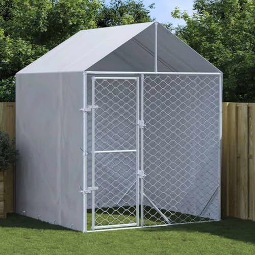 GOLINPEILO Large Outdoor Dog Kennel with Roof and Sidewalls, Metal Dog Playpen with Door, Outdoor Secure Wire Pet Fence for Chicken Rabbit and Duck, Silver 6.6'x6.6'x8.2' Galvanized Steel,-474