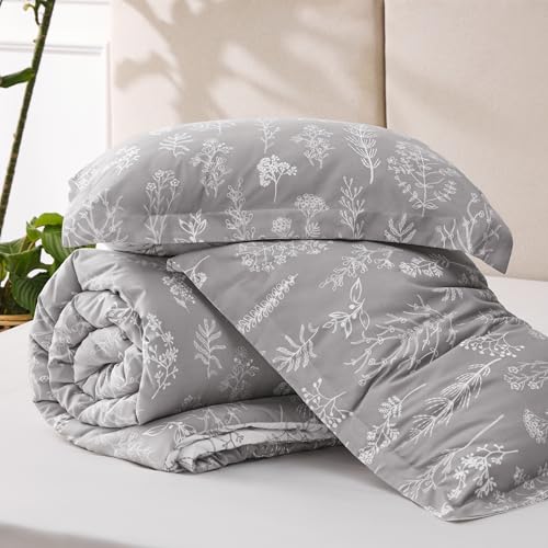 Image of Bedsure Oversized Queen Comforter Set - Light Grey Bed Set, 3 Pieces Cute Floral Bedding, 1 Soft Reversible Botanical Flowers Comforter and 2 Pillow Shams