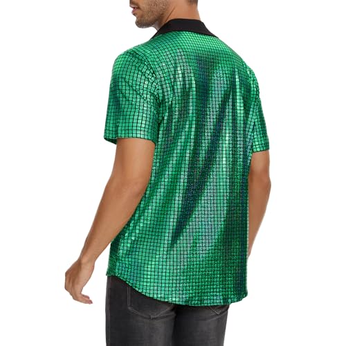 Image of Zando Men's Sequin 70s 80s Disco Shirt - Retro Short Sleeve Button Up Costume Halloween New Year Party Outfit Top & Clubwear