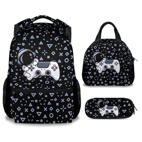 Gamer Backpack with Lunch Box for Kids - Set of 3 Boys School Backpacks Matching Combo - Durable Black Bookbag and Pencil Case Bundle