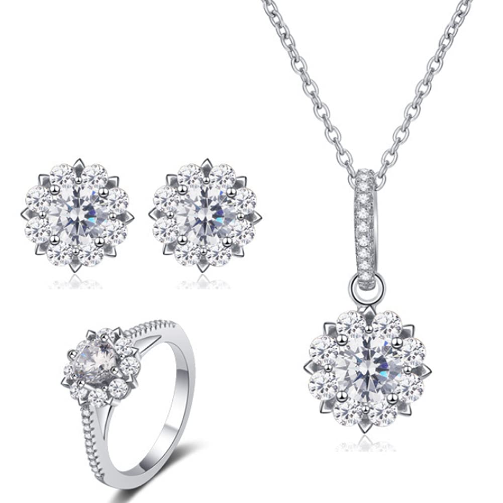 925 Sterling Silber Platinbeschichtung Kristall Halskette/Ohrringe/Ring Verlobung Hochzeit Schmuckset für Frauen