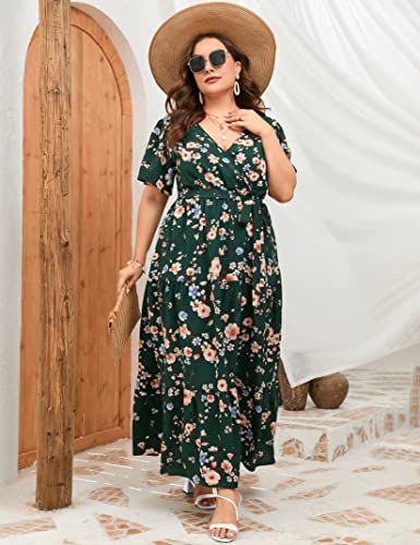 Image of ShopWonder Womens Plus Size V Neck Wrap Maxi Dress High Waist Ruffle Summer Casual Dress with Belt