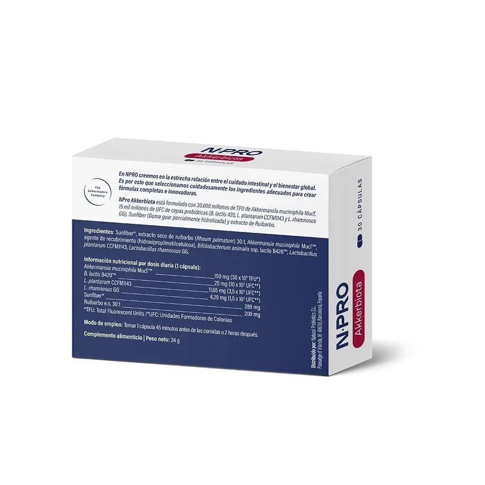 NPro SALUD INTESTINAL Akkerbiota 30 Cápsulas Akkermansia Muciniphila | Akkermansia MucT®, Cepas Probióticas, Prebióticos Sunfiber® y Ruibarbo, Apoyo a Mucosa y Barrera Intestinal
