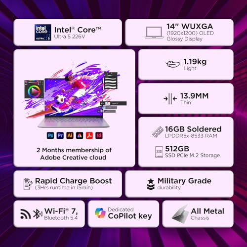 Image of Lenovo Yoga Slim 7 Aura Edition Intel Evo Core Ultra 5 226V (16GB RAM /512GB SSD /14 (35.5cm) /WUXGA OLED /Copilot+ PC /Windows 11 /MSO 365 Basic+Office 2024 /1Yr ADP /Luna Grey /1.19Kg), 83JX00CSIN AI Laptop