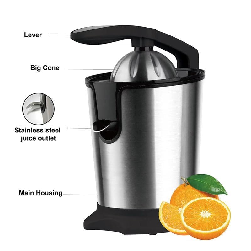 Exprimidor eléctrico de cítricos de 160 W, exprimidor de acero inoxidable de 400 ml para naranjas y limones. Apagado automático, piezas aptas para lavavajillas. Diseño compacto para uso doméstico. L
