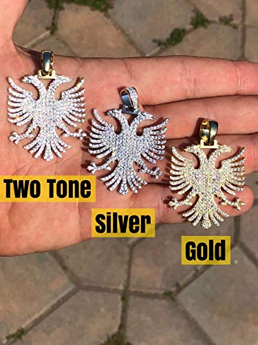 Solid 925 Sterling Silver Albanian Two Headed Eagle Pendant 2" Men's Iced Out Kosova Serbia Double Headed Necklace (Gold) #TOP1