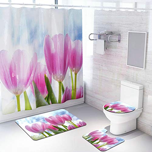 Badewannenvorhang Set,Badematten Set und Fußmatte Waschbar Blume und Himmel Duschvorhang Set 4Teilig