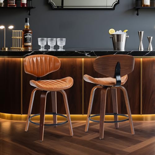 Butacos Giratorios de Barra, Juego de 2, Altura para Encimera, Asiento de Cuero Sintético PU y Estructura de Madera Curvada, con Reposacabezas y Reposapiés, Estilo Moderno, Color Marrón miniatura 3