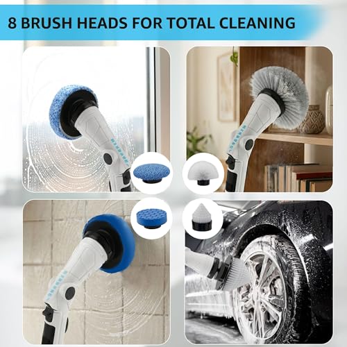 Electric Spin Scrubber, 3-Speed Power Scrubber for Cleaning Bathroom, 6-Angle Adjustable Head Cordless Scrubber with 8 Brush Heads & Long Handle, LCD Display Shower Scrubber for Grout Tile Floor Tub by Mixbugg - Image 4