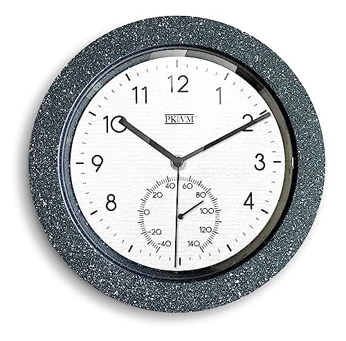 PKVM 1978 9.8 inch Indoor Faux Concrete Finish Wall Clock with Thermometer Battery Operated Round Clock. Decorative Clock for Home/Office/School