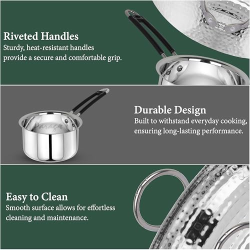 Image of Parage 2 Pieces Stainless Steel Hammered Kadhai & Sauce Pan with Heavy Bottom for Kitchen /Utensils, Cooking, Deep Frying | Gas Stove Friendly Cookware (Capacity-1.2 LTR & 1 LTR, Silver)