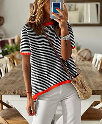 Image of Womens Sweaters Casual Crewneck Short Sleeve Striped Color Block Knitted Cotton Trendy Pullover Sweater Tops
