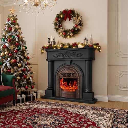 Image of 50 inch Solid Wood Electric Fireplace with Mantel, Black Roman Column TV Stand with Antique Bronze Finish Birdcage Heater Insert, Elegant Fireplace for Living Room, Bedroom & Entryway