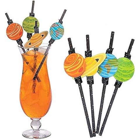 48 Outer Space Astronomy Cosmos Theme Party Paper Straws. (Disposable) 7.75". Decorative. Black with stars and planets printed. Earth, Jupiter, Saturn, Mars Cover
