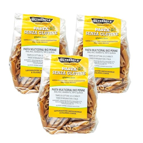 Oltresole - Bio-Mehrkornnudeln, Penne-Format 350 g - Bio-Mehlmischung aus Teff, Amaranth, Quinoa, Mais und Reis, reich an Ballaststoffen und Nährstoffen, glutenfrei, Packung mit 3 Packungen à 350 g