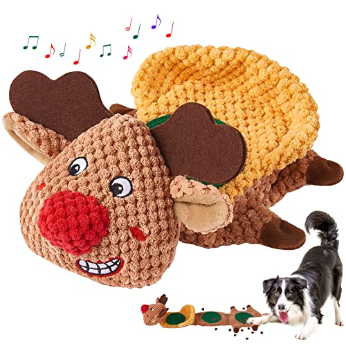 Yzmewael Christmas Dog Puzzle Toys for Boredom Reindeer Squeaky Dog Toys for Foraging Instinct Training Interactive Tough Dog Chew Toys for Small Medium