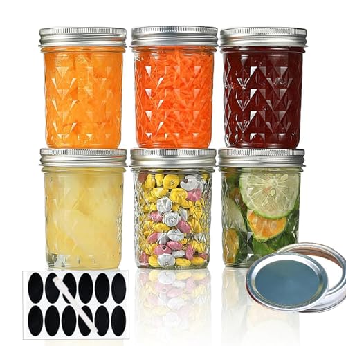 YBCPACK 6 tarros Mason Jars de 250 ml con tapa de rosca, sin BPA, herméticos y aptos para lavavajillas, incluye 12 etiquetas de tiza + bolígrafo para mermelada, miel, regalo