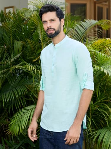 Image of See Designs Men's Roll-Up Sleeve Mandarin Collar Deluxe Cotton Solid Short Kurta (Pack of 2) - Festive Collection