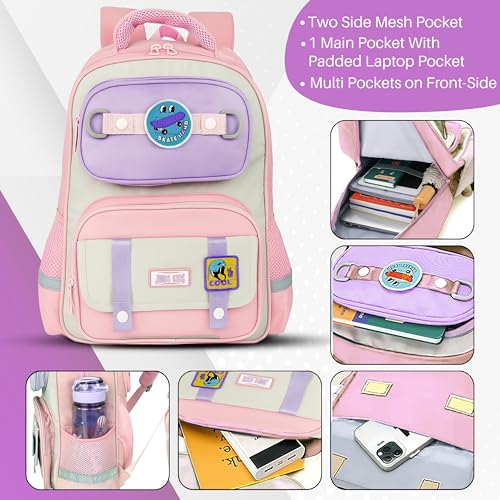 Image of Storite School Bag for Kids Girls 14L| Skateboard Theme Backpack for Boys & Girls |Lightweight Durable Backpack with Cartoon Patches |Casual Travel Bag for Class 5-8 Students