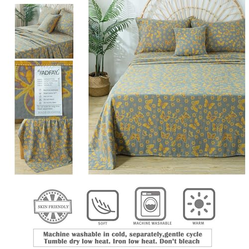 Image of FADFAY Butterfly Sheets Set King Vintage Yellow Grey Floral Bedding Shabby Farmhouse Bedding Super Soft Washed Double -Layer Muslin Sheets 100% Cotton Deep Pocket Fitted Sheet 4Pcs, King Size