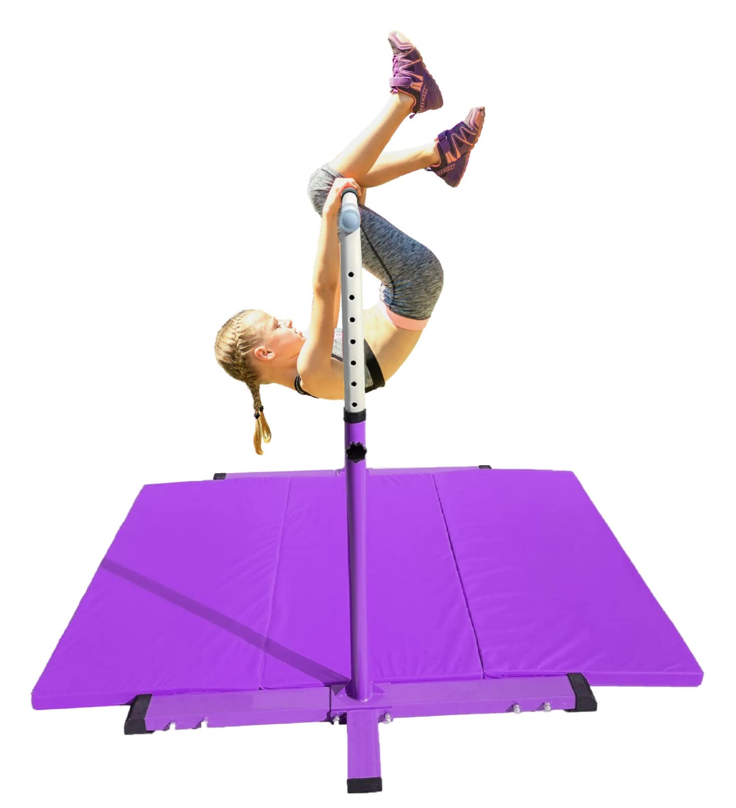 Athletic Bar Gymnastics Training Bar with 6'x4' Tumble Gymnastics Mat Set, Height Adjustable 3 to 5 FT Horizontal Kip Bar for Kids Junior Gymnast, Expandable Gymnastic Bar Home Gym Equipment Purple