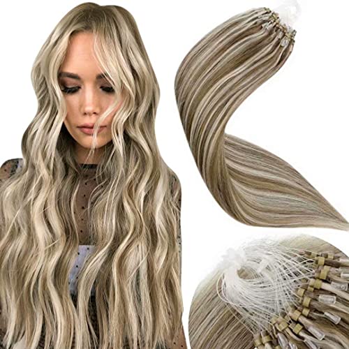 Micro Beads Hair Extensions Human Hair 16" Micro Ring Hair Extensions Light Brown Highlighted Platinum Blonde Silicone Link Hair Extensions Remy Human Hair Blonde 50g/50s