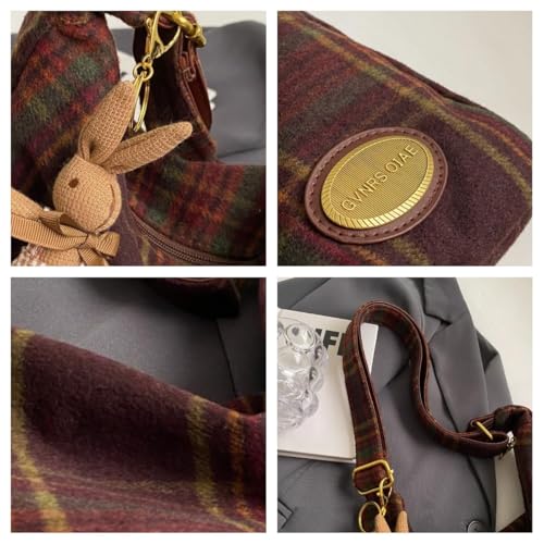 Image of Plaid Purses for Women - Wool Handbag with Pendant, Hobo Shoulder Bag and Tartan Fabric Clutch (Green)
