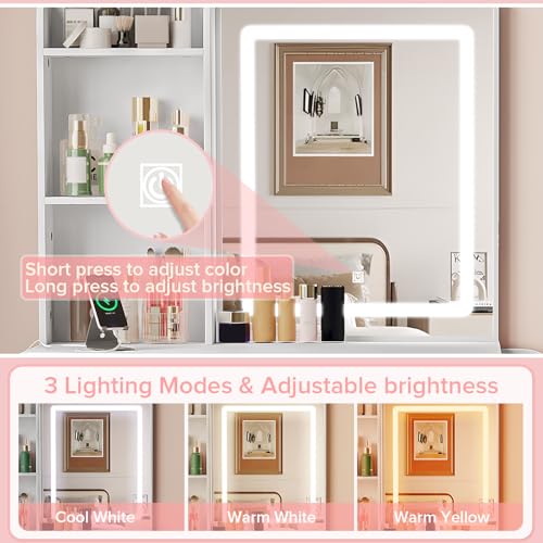 Image of Zvivofla Makeup Vanity Desk with Lighted Mirror & Power Outlet, White Vanity Table with 3 Color LED Lights, Shelves, Drawers, Cabinet, Modern Bedroom Dressing Table