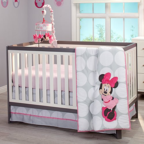 Disney Minnie Mouse Polka Dots 4 Piece Nursery Crib Bedding Set, Light Pink/White/Grey/Bright Raspberry