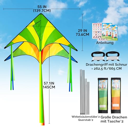 JOYIN 2 Packs Großer Delta Drachen Grün und Regenbogen, Einfach zu Fliegen für Kinder, Stranddrachen Mit 262,5 Fuß Langer Schnur und Flugspielzeug für Outdoor