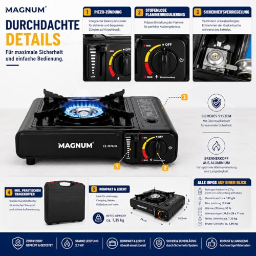 MAGNUM® Gaskocher inkl. 8 Kartuschen - Campingkocher mit Piezozündung - Camping Gaskocher stufenlos regulierbar - Gaskocher Camping 1-Flammig | Campingkocher | Testnote sehr gut | Camping Gaskocher | Piezozündung | 2,1 kW | Transportkoffer | Made in Europe Gas – Bild 5