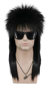 VGbeaty Men and Women Long Straight Wig 70s 80s Rocker Punk Rock Disco Mullet Wig Black