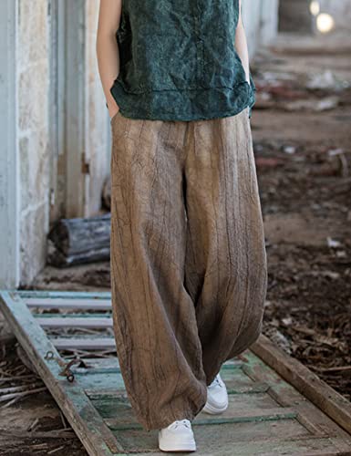 NFYM Women's Casual Distressed Cotton Linen Wide Leg Baggy Pants Elastic Waist Relax Fit Lantern Trouser4
