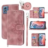 Dswteny Wallet Case for Motorola Moto G Play 2024 4G with Wrist Strap Crossbody Shoulder Strap, Embossed Leather Flip Folio Credit Slim Card Holder Stand Cell Phone Cover for 64GB Women Girls Pink