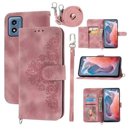 Dswteny Wallet Case for Motorola Moto G Play 2024 4G with Wrist Strap Crossbody Shoulder Strap, Embossed Leather Flip Folio Credit Slim Card Holder Stand Cell Phone Cover for 64GB Women Girls Pink